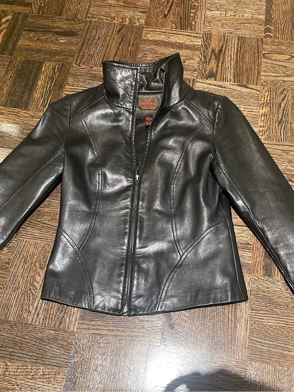 Danier Black Women's Leather Zip Jacket with Stand Collar - Small